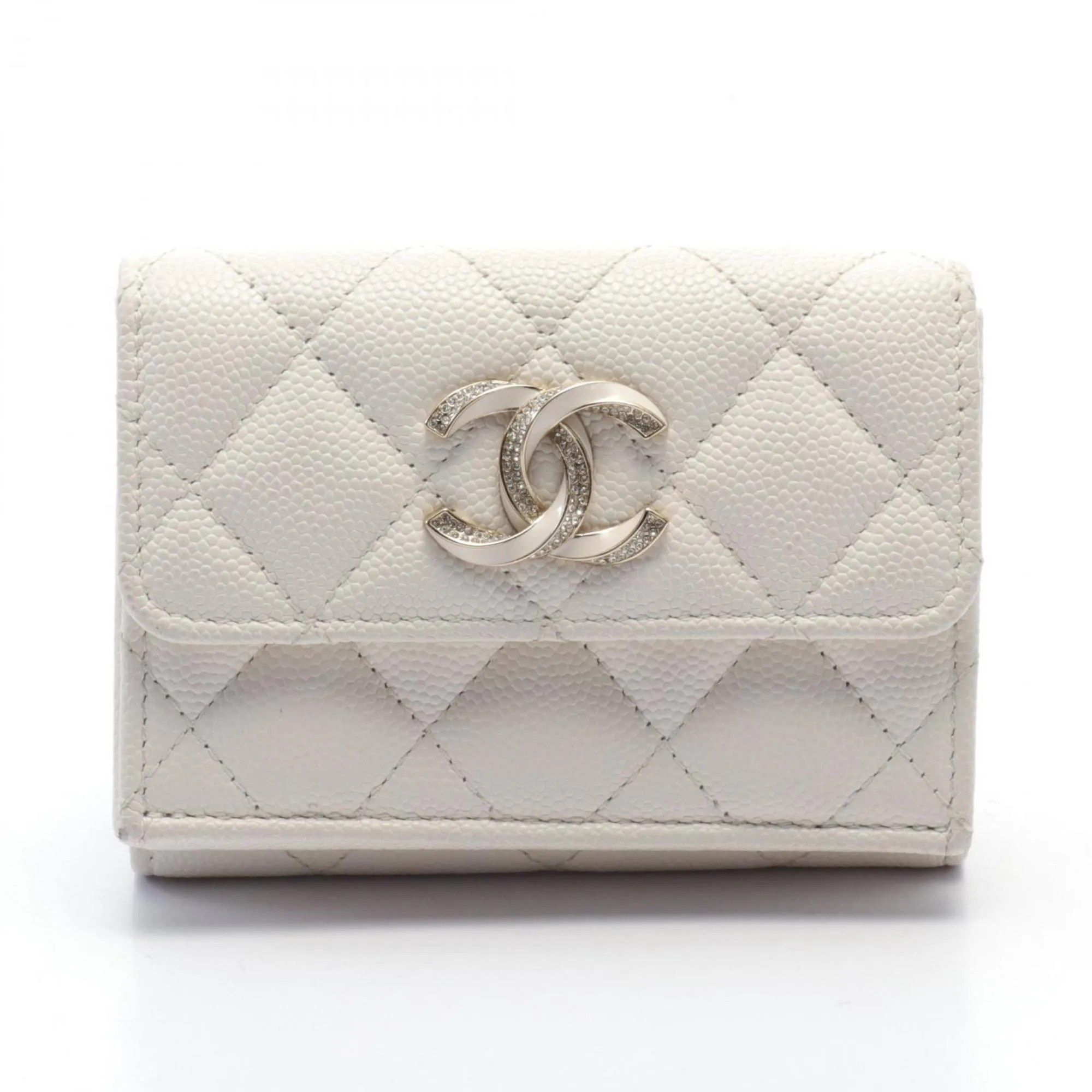 CHANEL Coco Mark Tri-fold Wallet, Caviar Skin, Women's, White