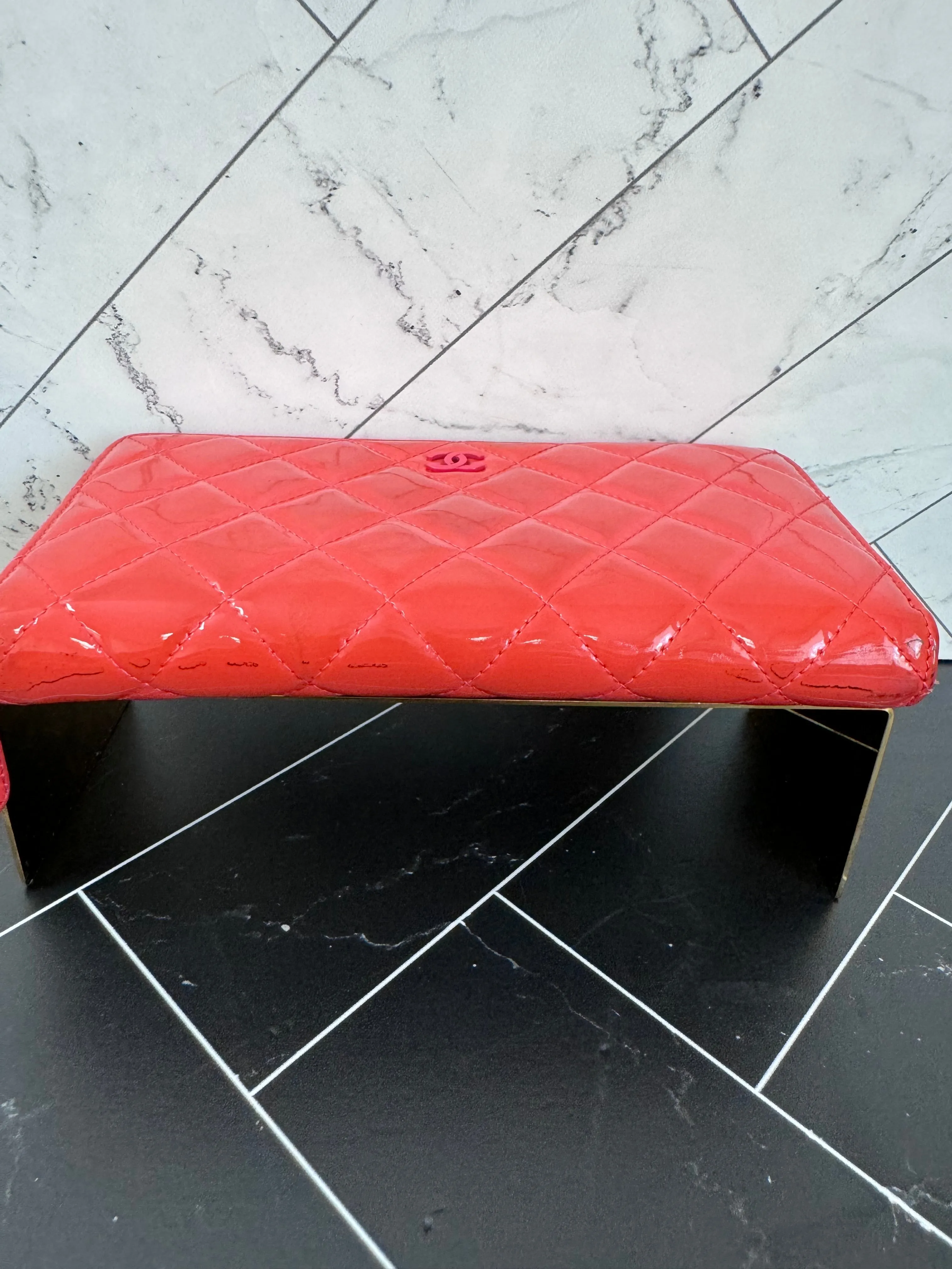 Chanel Coral Red Quilted Patent Leather Zippy Wallet