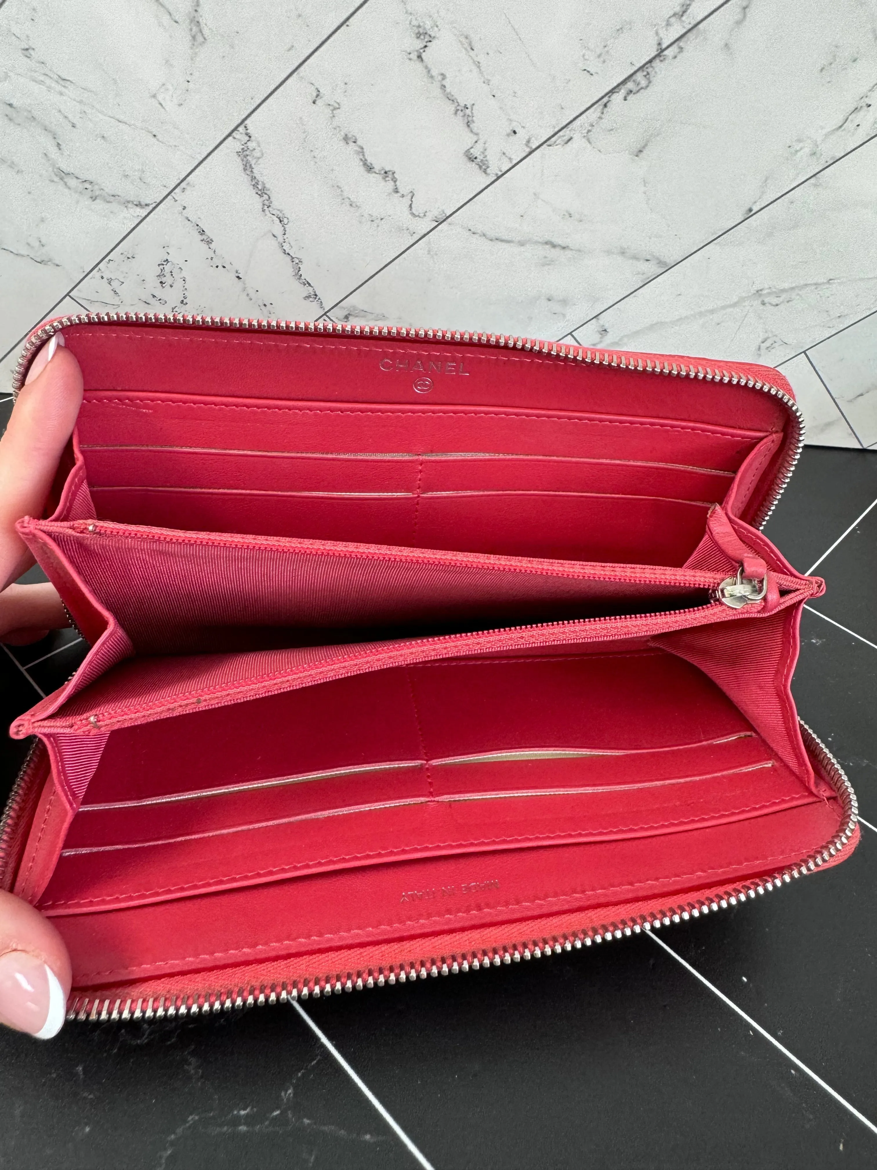 Chanel Coral Red Quilted Patent Leather Zippy Wallet
