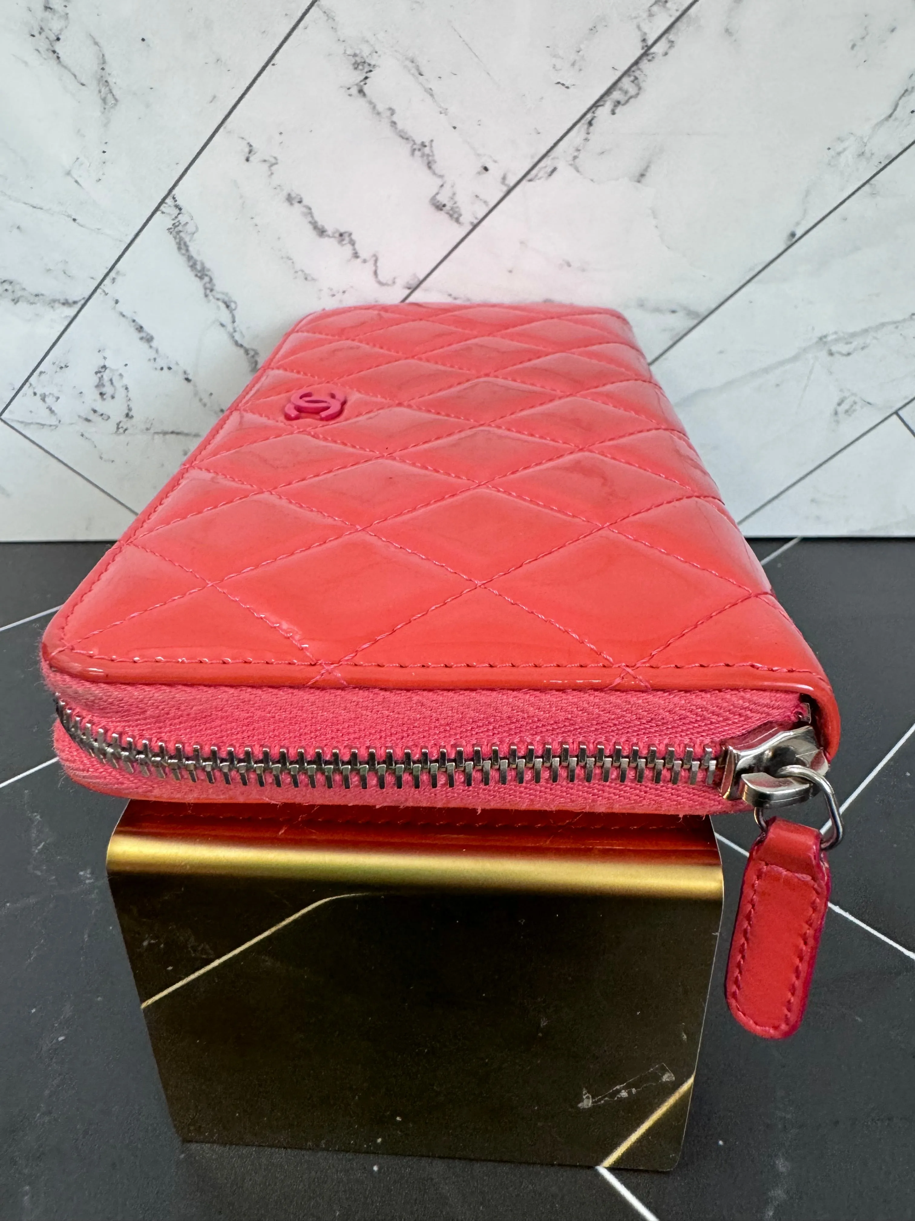 Chanel Coral Red Quilted Patent Leather Zippy Wallet