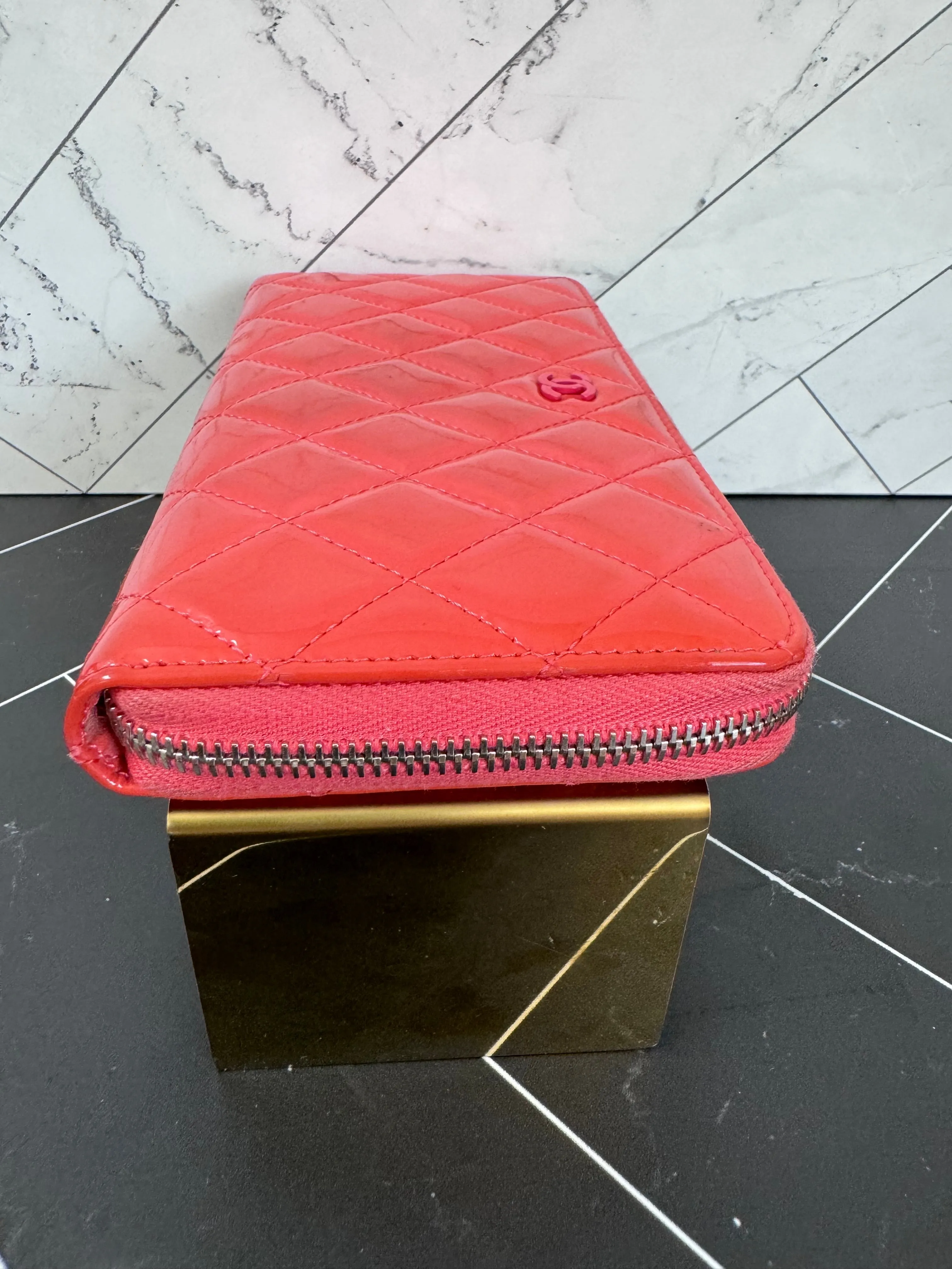 Chanel Coral Red Quilted Patent Leather Zippy Wallet