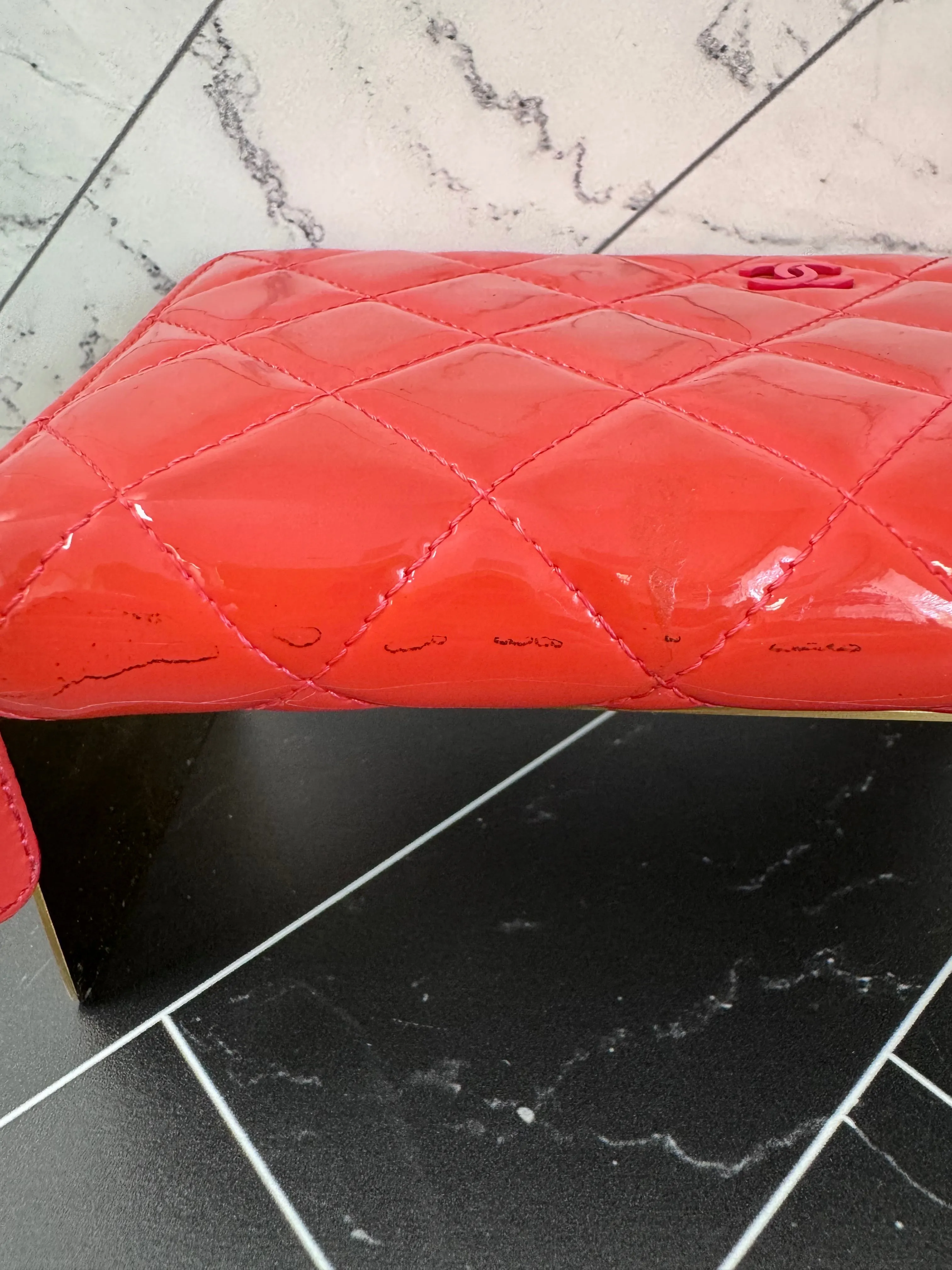 Chanel Coral Red Quilted Patent Leather Zippy Wallet