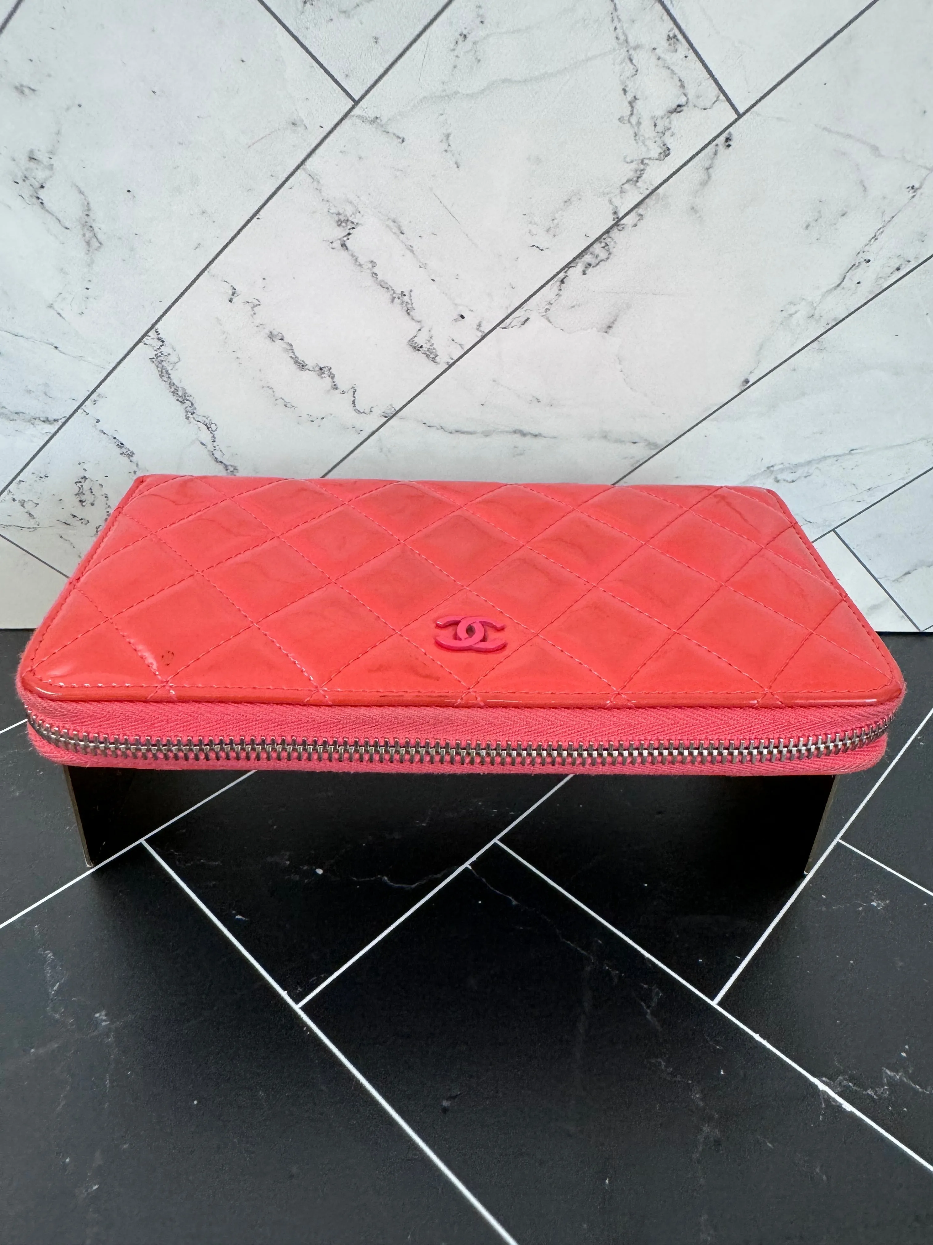 Chanel Coral Red Quilted Patent Leather Zippy Wallet