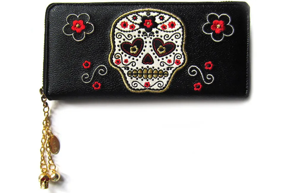 Day of the Dead Flower Sugar Skull Embroidered Zip Around Wallet