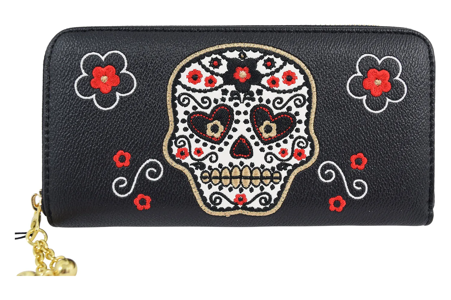 Day of the Dead Flower Sugar Skull Embroidered Zip Around Wallet