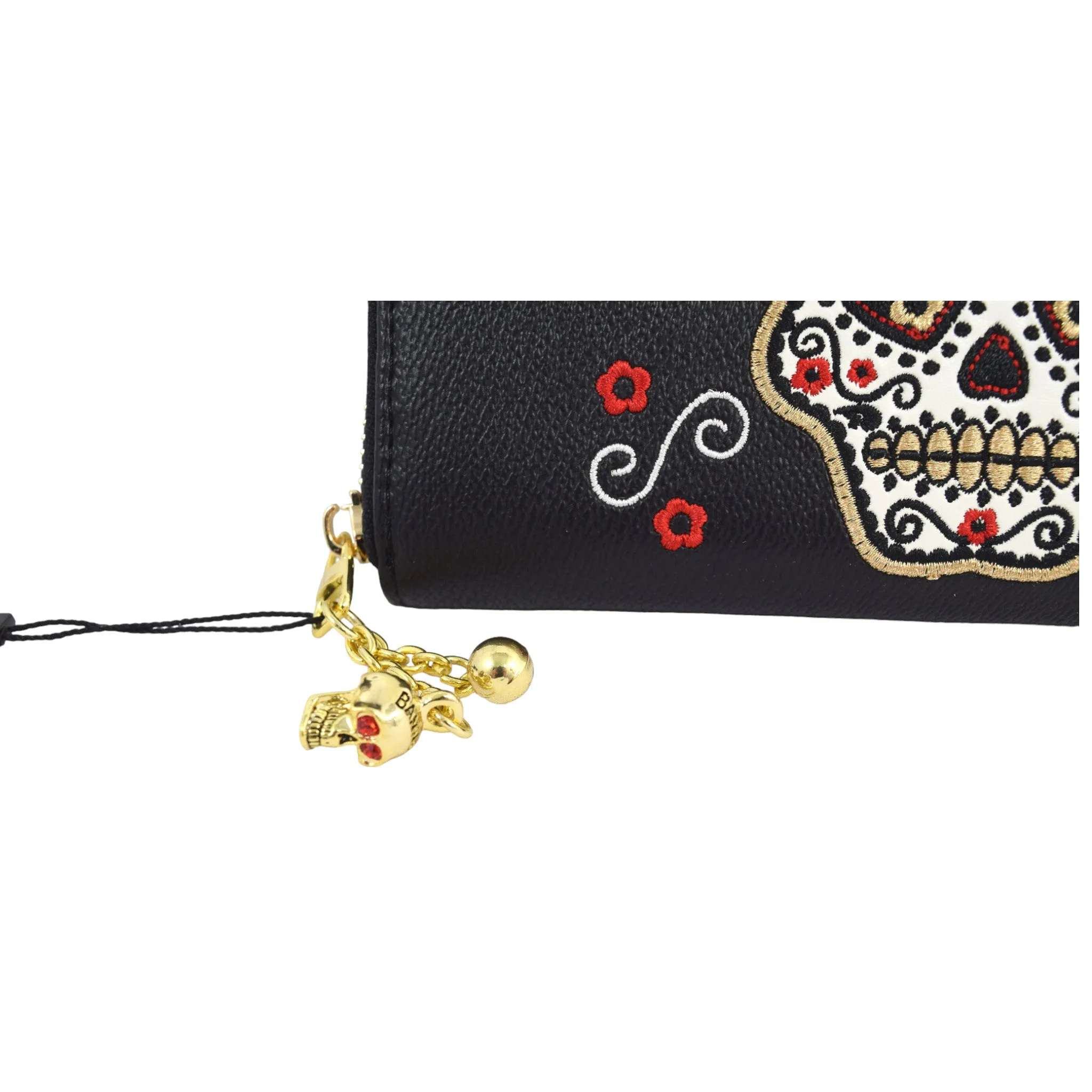 Day of the Dead Flower Sugar Skull Embroidered Zip Around Wallet