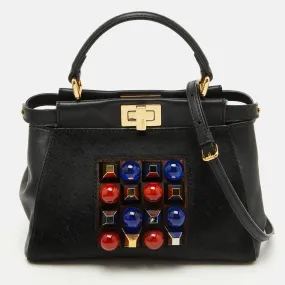 Fendi Black Leather And Calf Hair Studs Mini Peekaboo Top Handle Bag