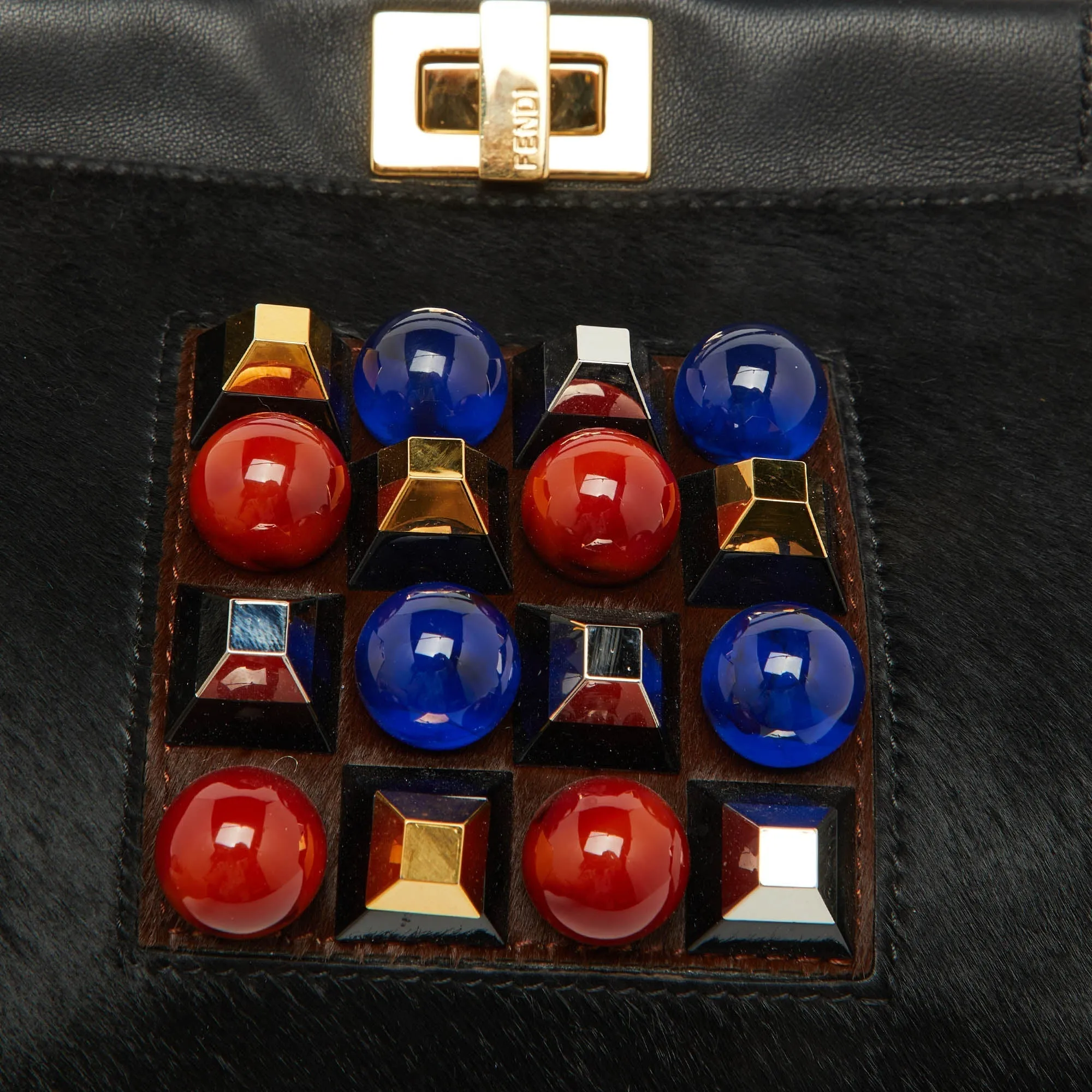 Fendi Black Leather And Calf Hair Studs Mini Peekaboo Top Handle Bag