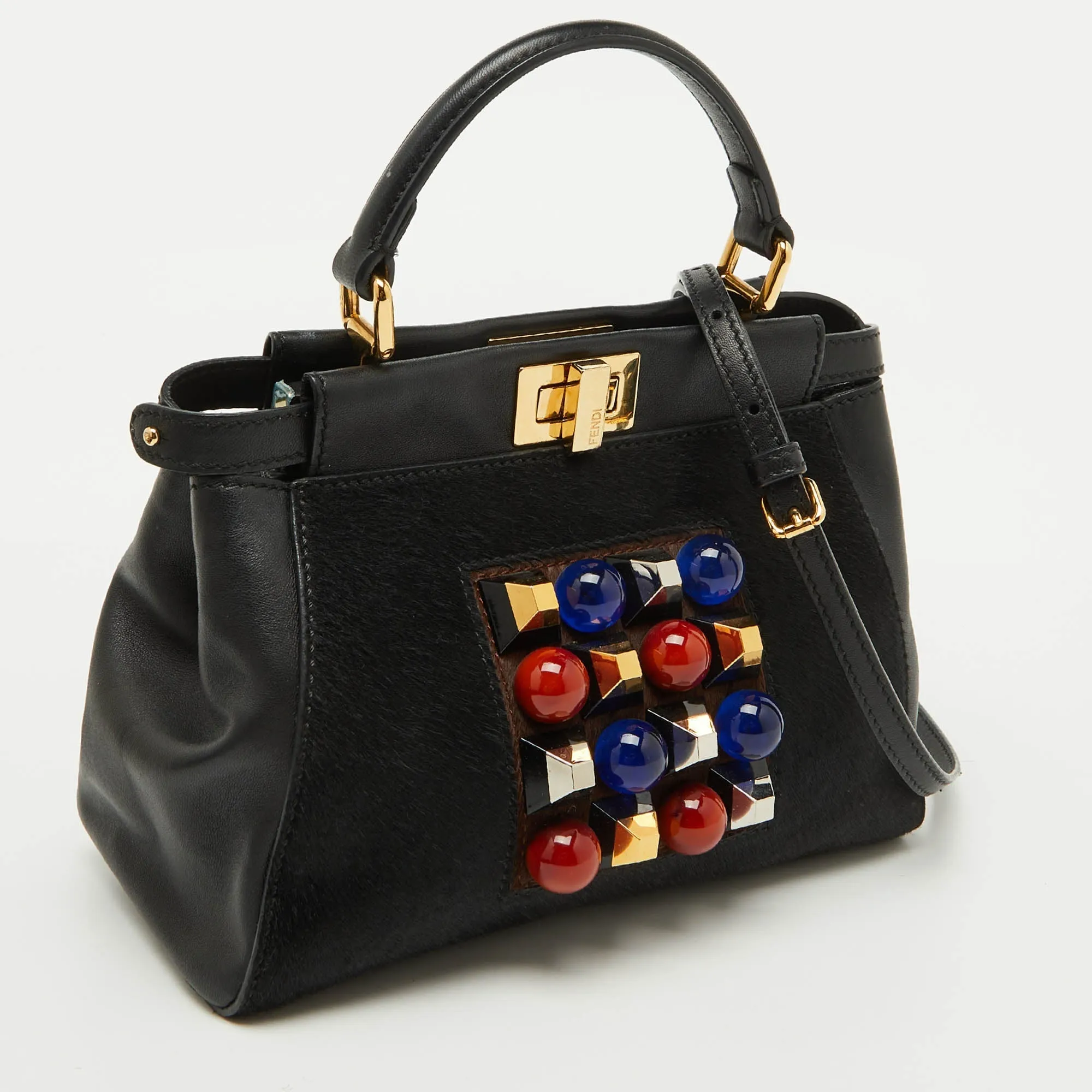 Fendi Black Leather And Calf Hair Studs Mini Peekaboo Top Handle Bag
