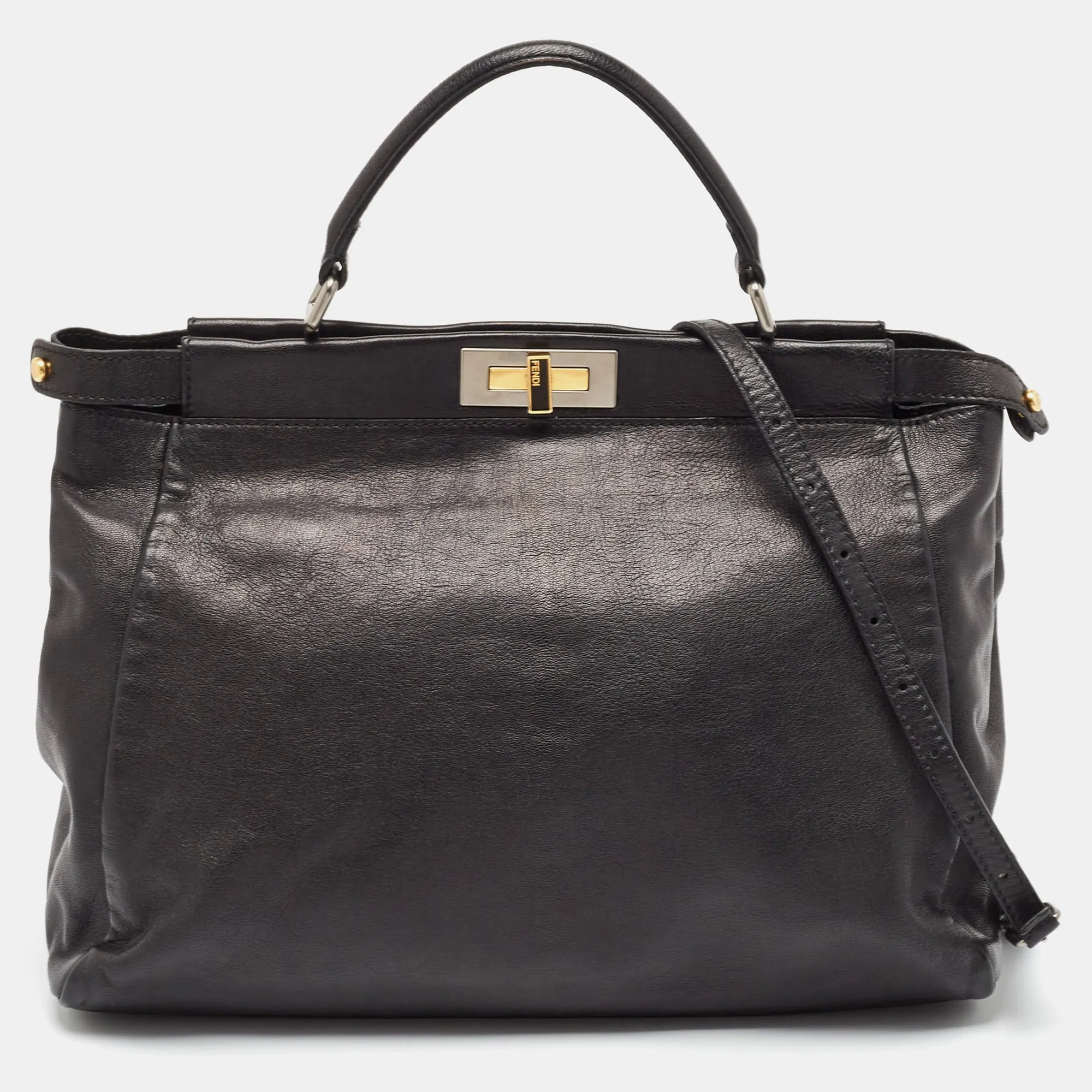 Fendi Black Leather Large Peekaboo Top Handle Bag