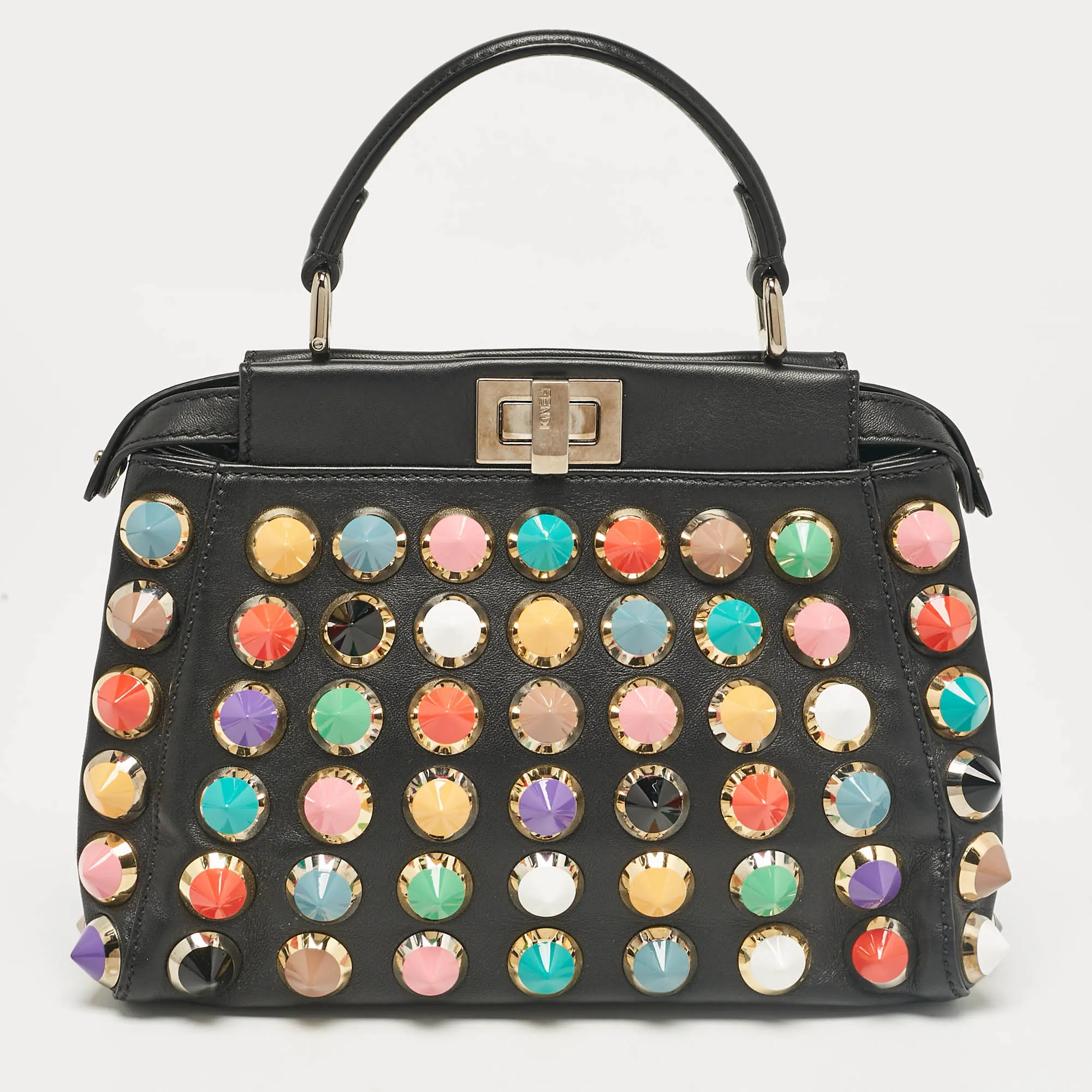 Fendi Black Leather Multicolor Studs Mini Peekaboo Top Handle Bag