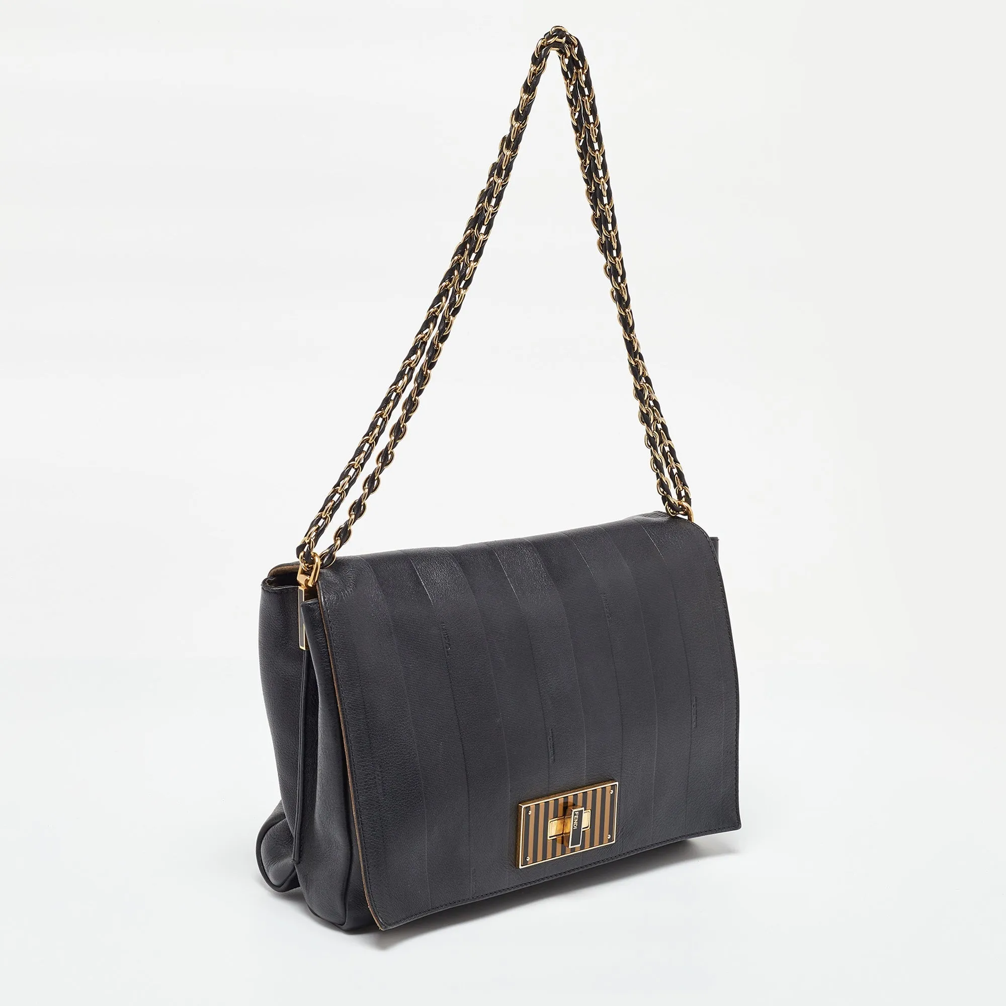 Fendi Black Stripe Embossed Leather Large Claudia Shoulder Bag