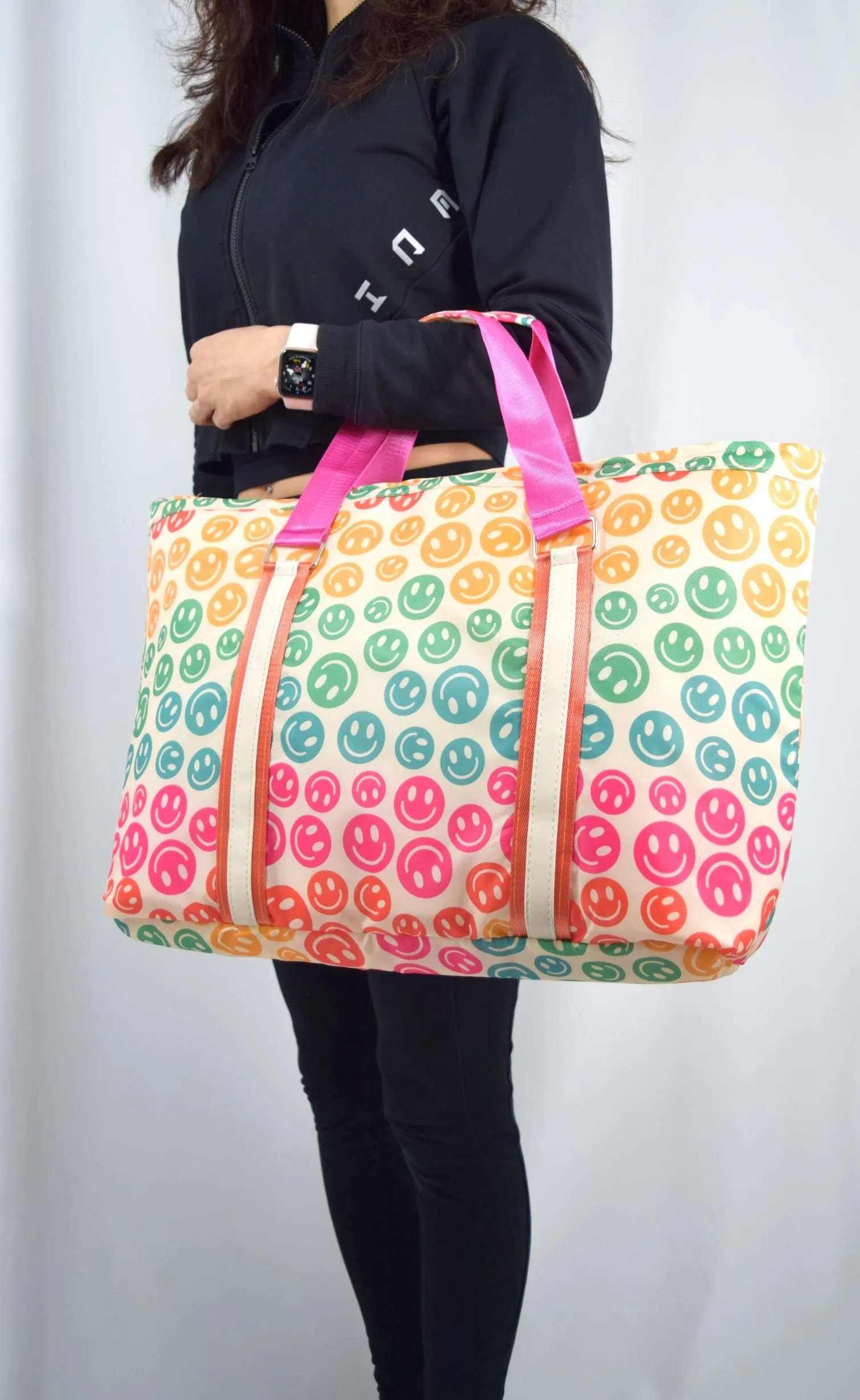 Katydid Boho Colorful Happy Face Smile All Over Large Travel Tote Bag