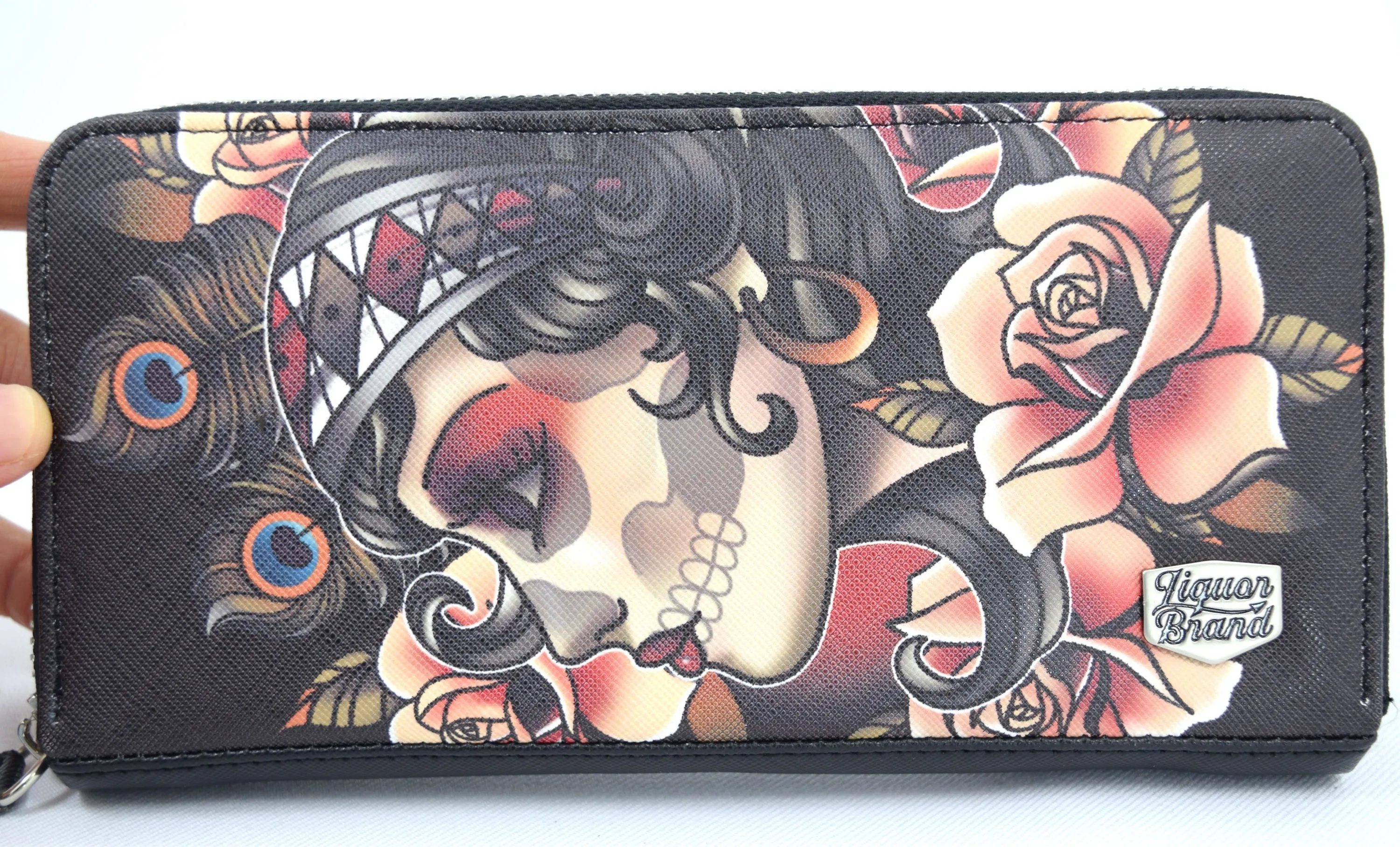 Liquorbrand Gypsy Rose Tattoo Sugar Skull Zip Around Clutch Wallet