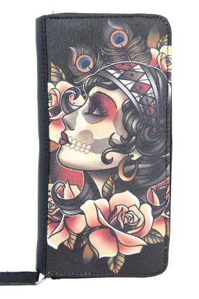 Liquorbrand Gypsy Rose Tattoo Sugar Skull Zip Around Clutch Wallet