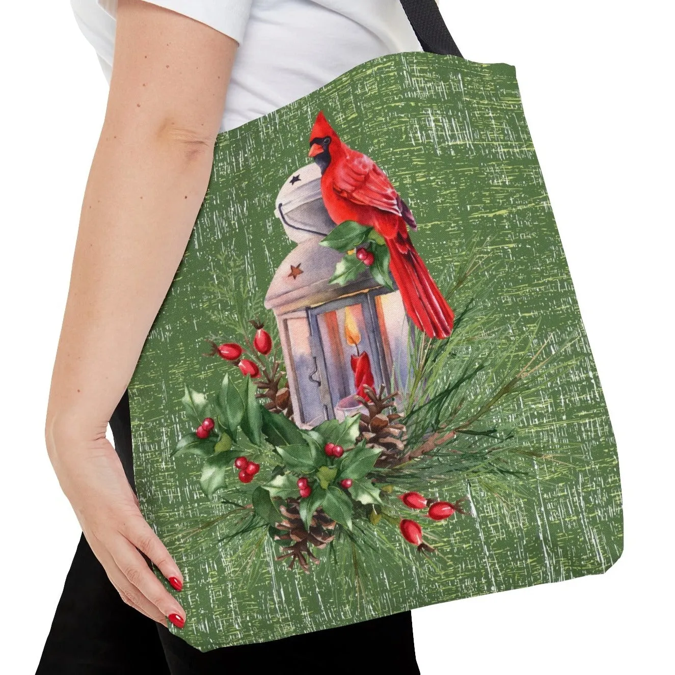 Medium Tote Bag with Cardinal on Lantern and Sage Green Background