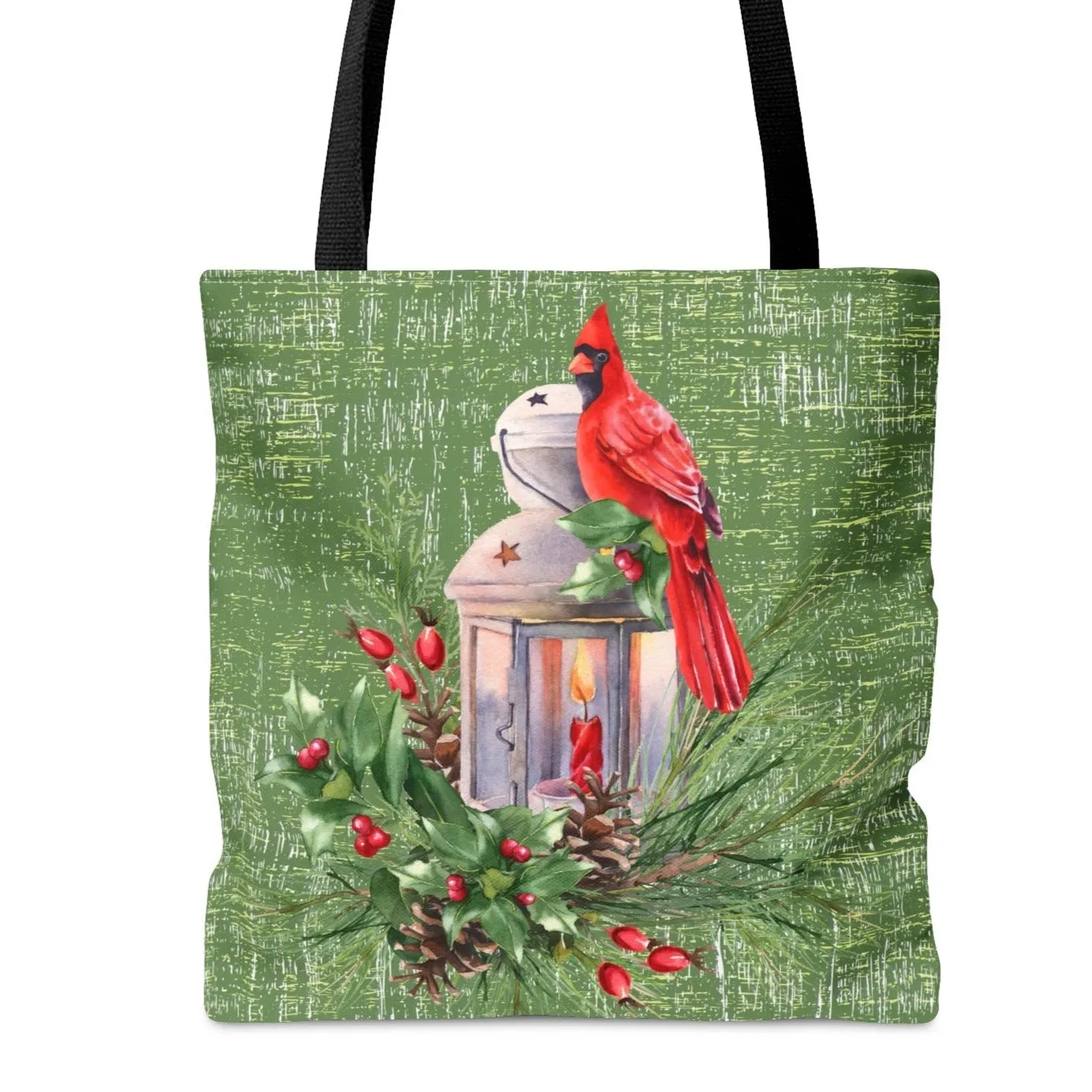 Medium Tote Bag with Cardinal on Lantern and Sage Green Background