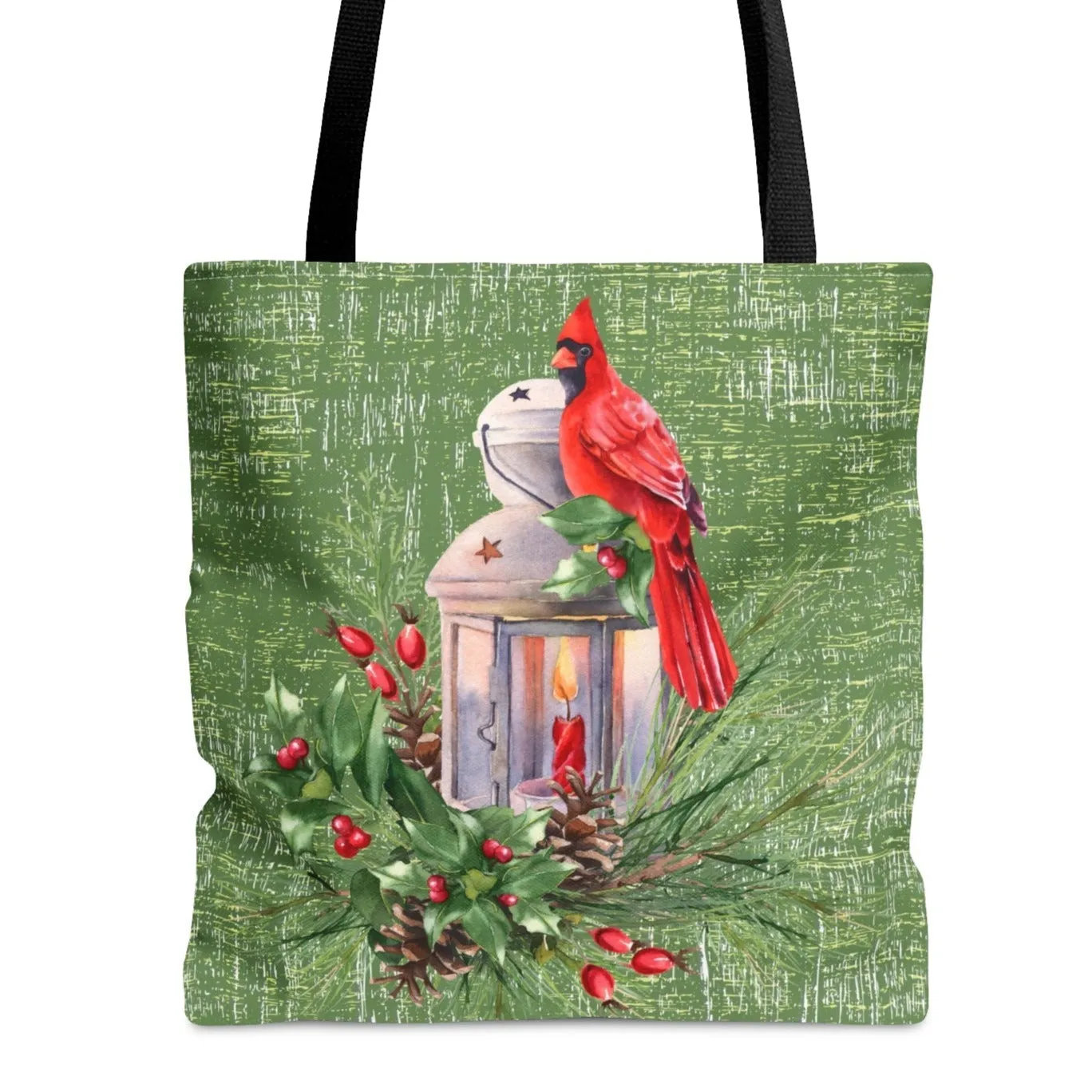 Medium Tote Bag with Cardinal on Lantern and Sage Green Background