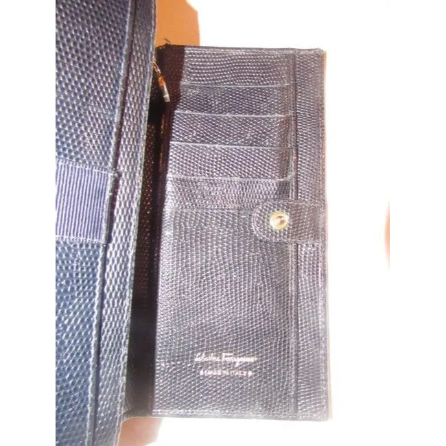 Salvatore Ferragamo Navy Blue Textured Leather Vintage Vara Bi Fold Wallet