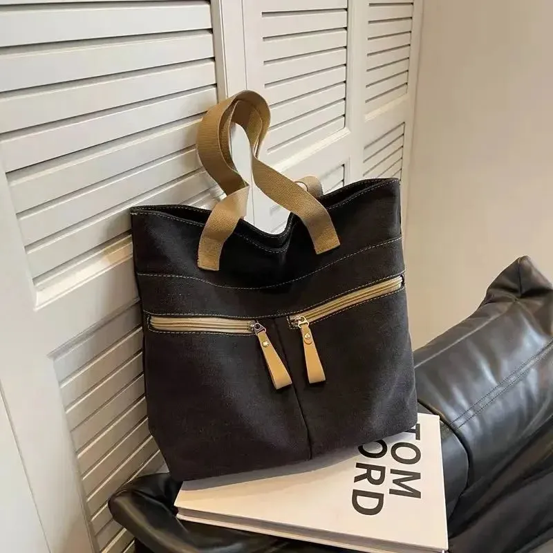 UAKISS  -  2024 New Korean Canvas Bag Women's Solid Color Versatile Large Capacity One Shoulder Handbag Personalized Commuter Tote Bag