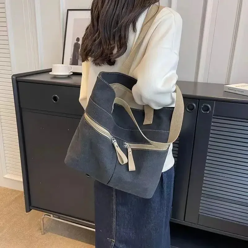 UAKISS  -  2024 New Korean Canvas Bag Women's Solid Color Versatile Large Capacity One Shoulder Handbag Personalized Commuter Tote Bag