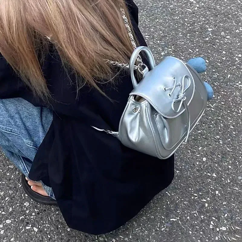 UAKISS  -  Silver Fashion Womens Shoulder Bag College Style Vintage Small Leather Backpack Sweet Cute Summer Casual Commuter Girl Bag