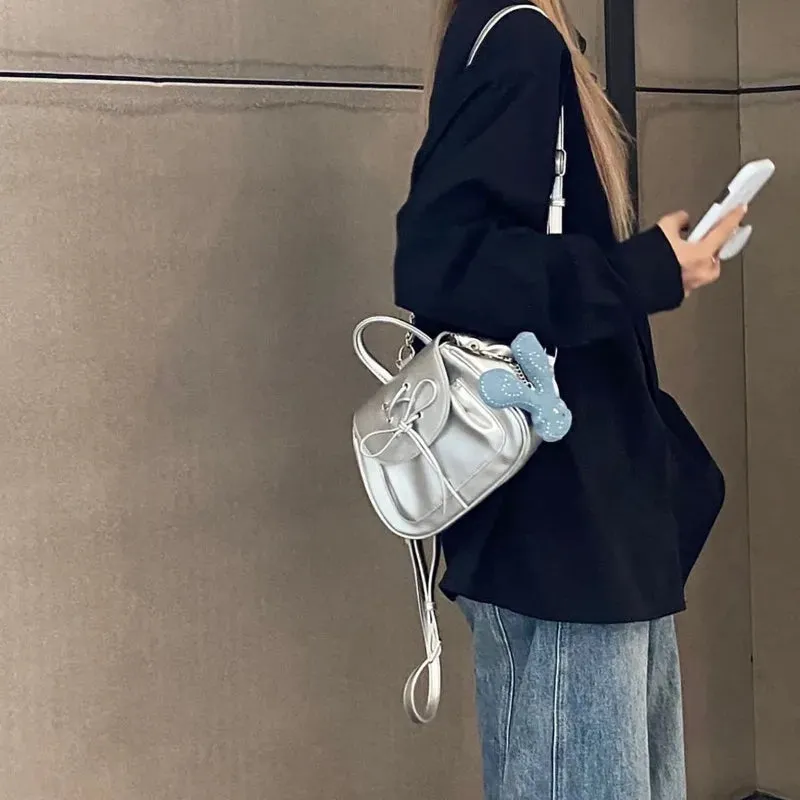 UAKISS  -  Silver Fashion Womens Shoulder Bag College Style Vintage Small Leather Backpack Sweet Cute Summer Casual Commuter Girl Bag