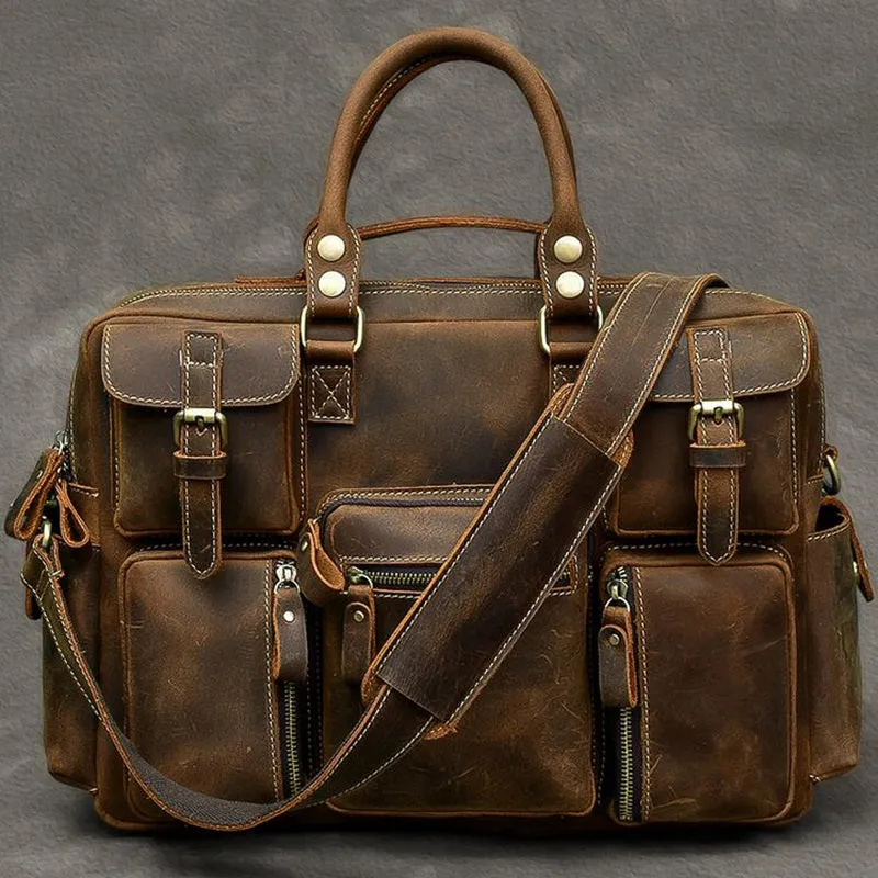 Vintage Tote Travel Bags Crazy Horse Leather Overnight Bag Men Shoulder Messenger Bag